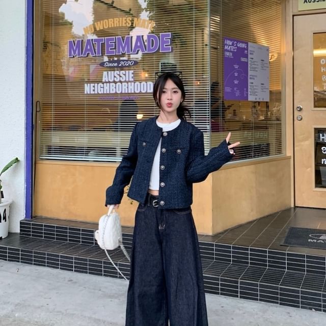 Tweed Button-Up Jacket / Low Rise Washed Wide Leg Jeans
