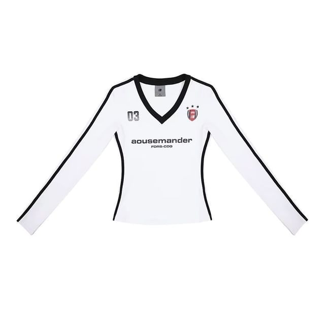 Long-Sleeve V-Neck Lettering T-Shirt