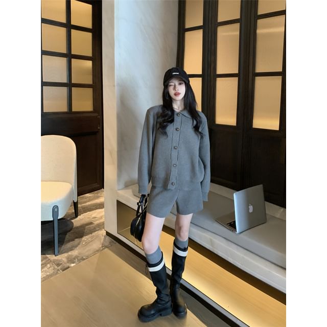 Solid Button Cardigan and Knit Shorts Set