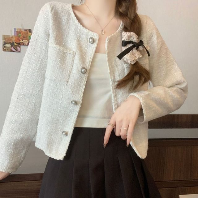 Round Neck Tweed Faux Pearl Button Jacket