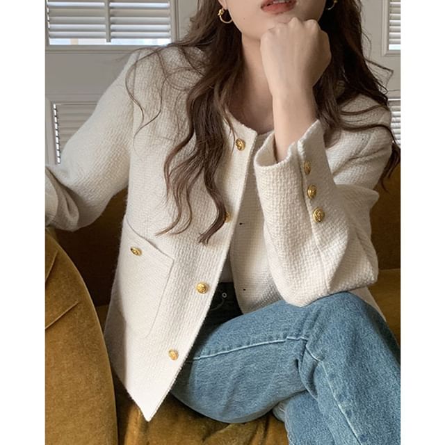 Round Neck Plain Button Up Cropped Tweed Jacket