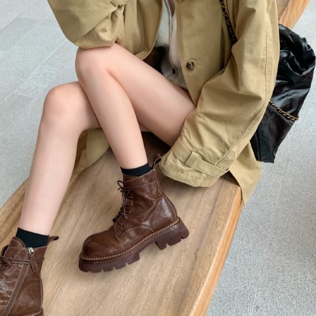 Boots Genuine Platform Lace-Up Short Plain Leather