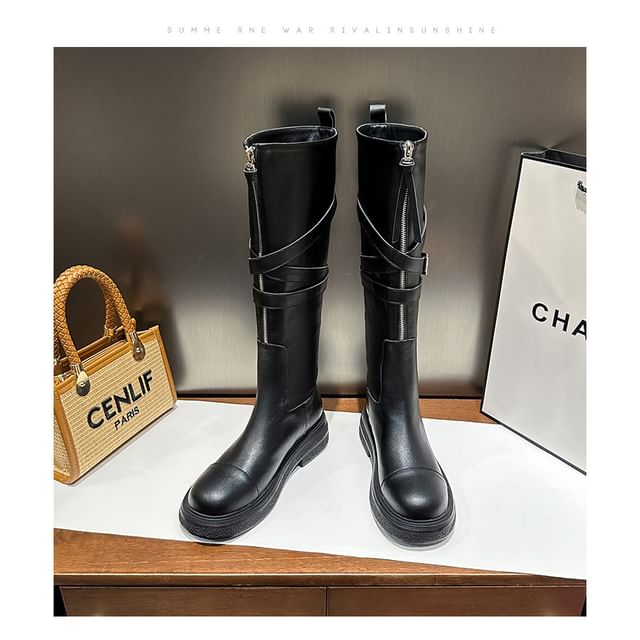 Boots Buckled Zip-Up Plain Platform Faux Leather Tall