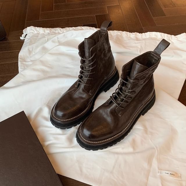 Genuine Boots Leather Short Platform Lace-Up Plain