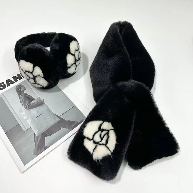 Print Floral / Bow Set Ear Scarf Muffs Fluffy