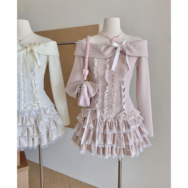 High Shoulder Plain Mini + A-Line Sleeve Skirt Bow Top Long Waist Ruffle Off Lace Tiered Set: Up