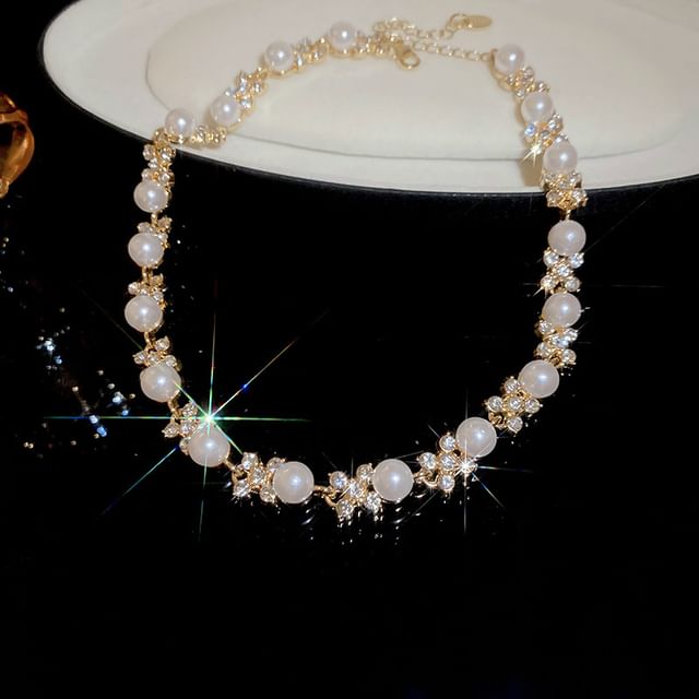 Rhinestone Necklace Drop Faux Bracelet Pearl Floral / Hook Earring