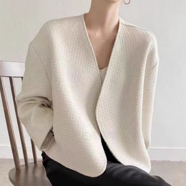 V-Neck Plain Open Front Tweed Jacket