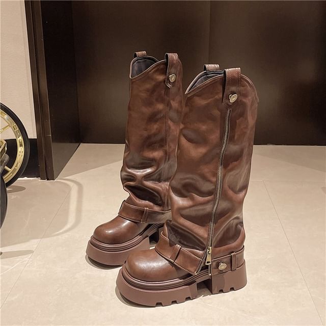 Knee Buckled Zip Panel Boots Platform High