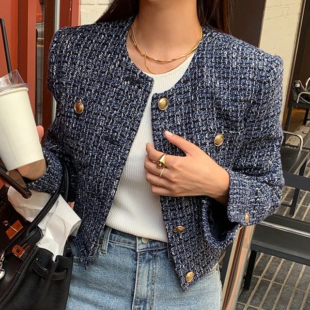 Round Neck Tweed Button Jacket