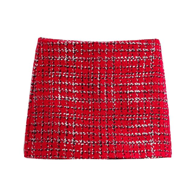 Collar Plaid Tweed Button Jacket / Skort