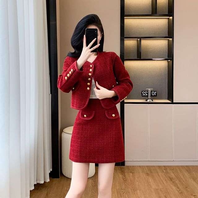 Set: V-Neck Plain Button-Up Tweed Crop Jacket + High Waist Pencil Skirt (Various Designs)