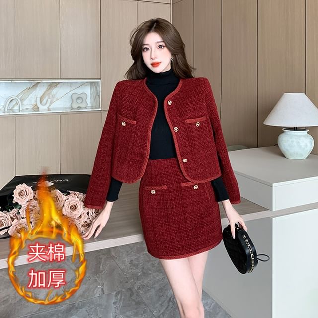 Set: Crew Neck Plain Button-Up Tweed Crop Jacket + High Waist Mini Pencil Skirt