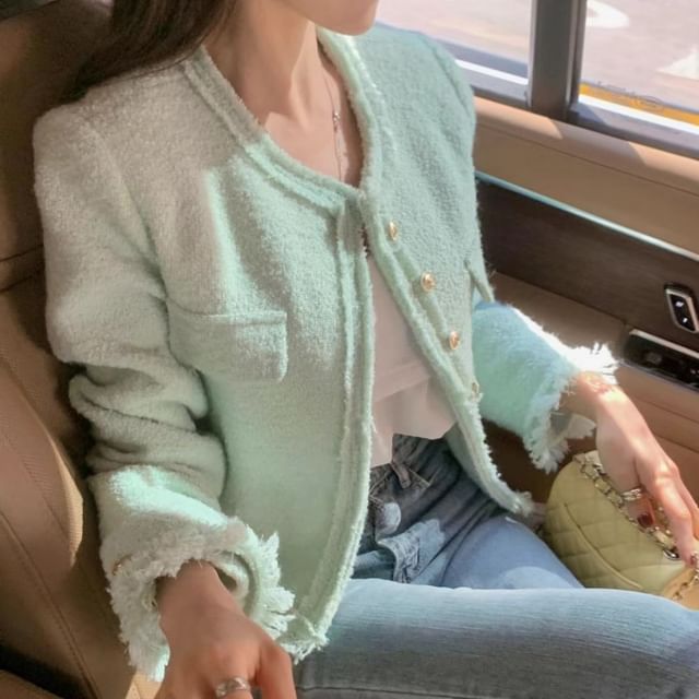 V-Neck Tweed Button-Up Jacket