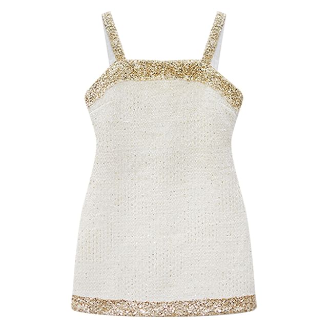 Set: Spaghetti Strap Glitter Tweed Mini A-Line Dress + Flower Crop Cardigan