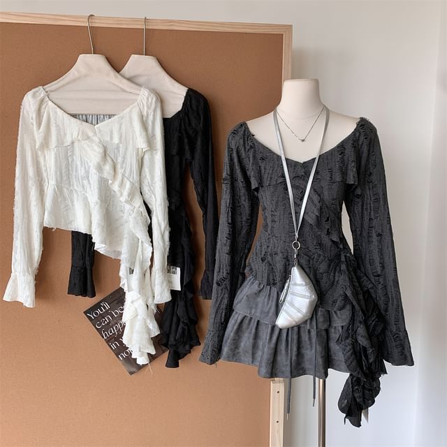 Trim Plain Top Scoop Ruffle Asymmetrical Neck Long-Sleeve