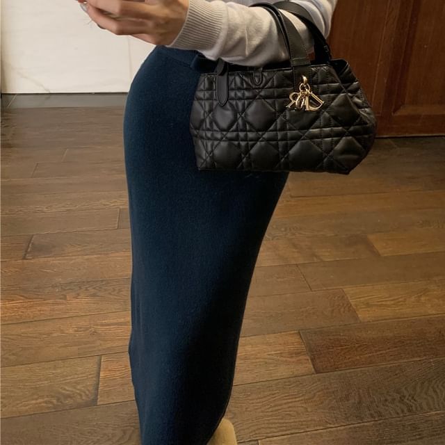 Plain Sleeve Top Skirt Knit V-Neck High Long Rise Pencil Maxi / Bow