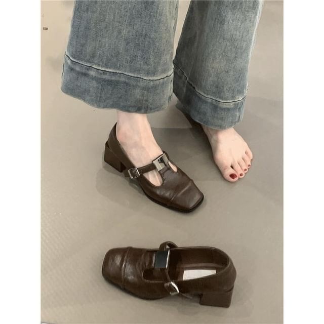 Jane Mary Faux Plain Heel Chunky Toe T-Strap Square Pumps Leather