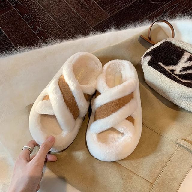 Fleece Cross Plain Band Slide Sandals