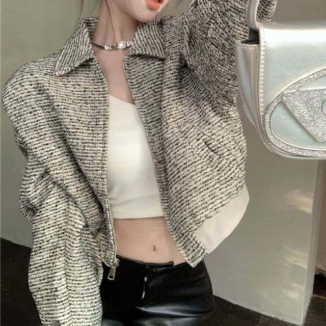 Lapel Collar Tweed Zip Cropped Jacket