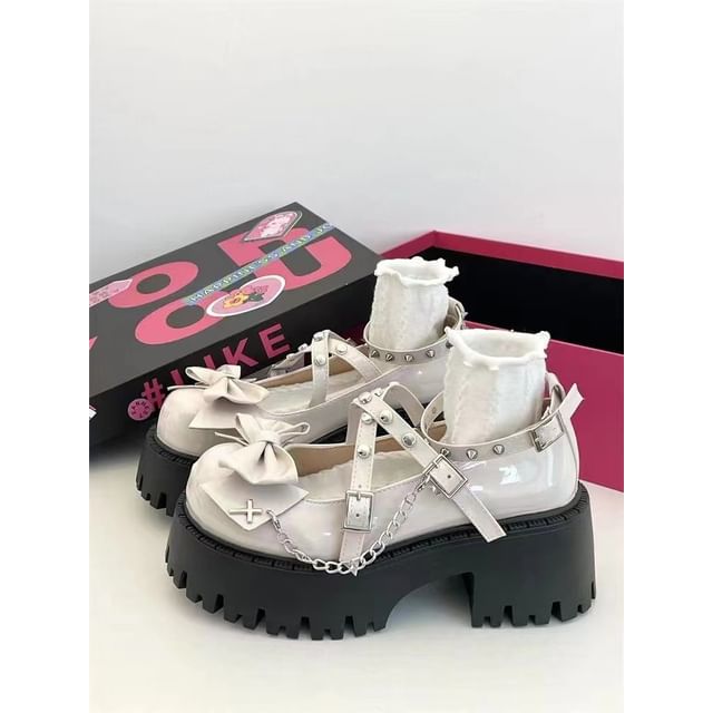 Pumps Chunky Heel Strap Cross Jane Studded Bow Platform Mary
