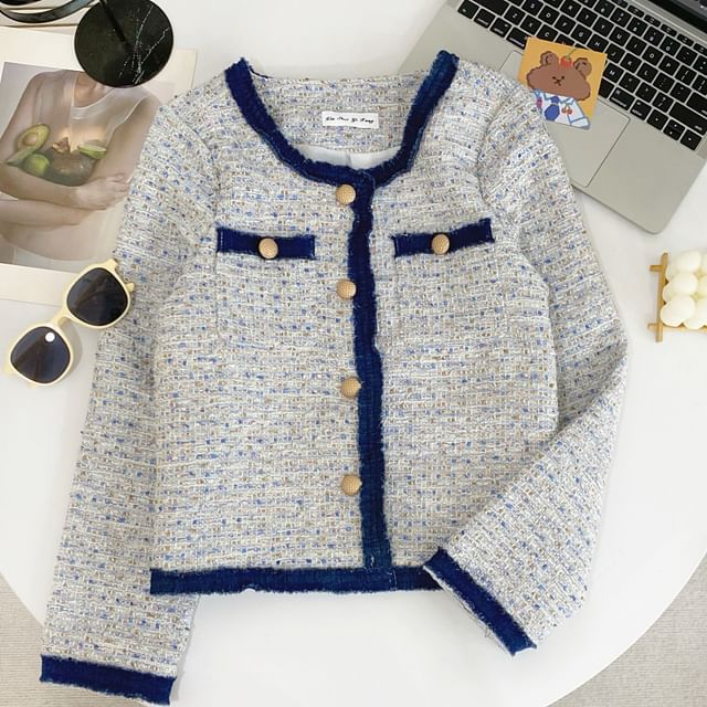 Round Neck Melange Contrast Trim Tweed Button Jacket