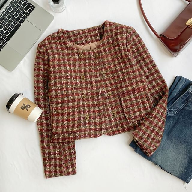Round Neck Plaid Tweed Crop Button Jacket