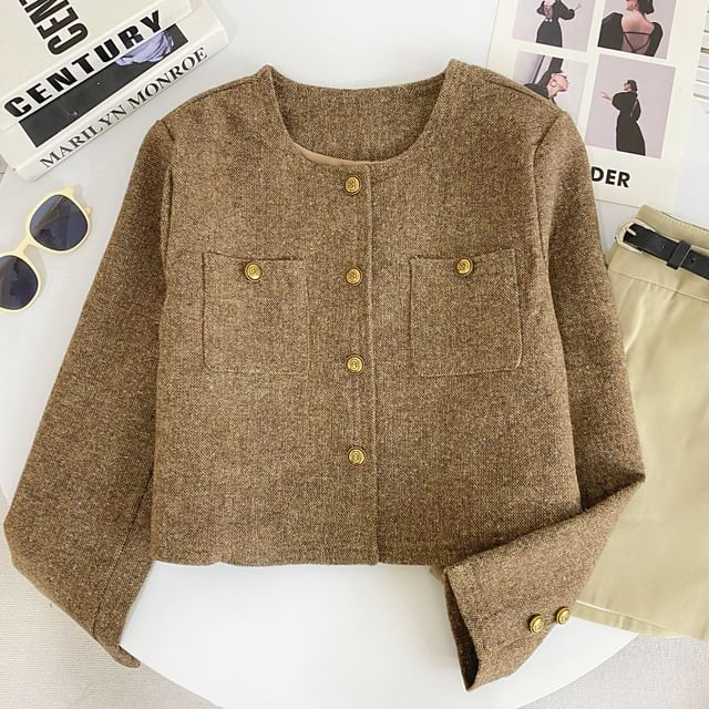 Round Neck Melange Tweed Button Jacket