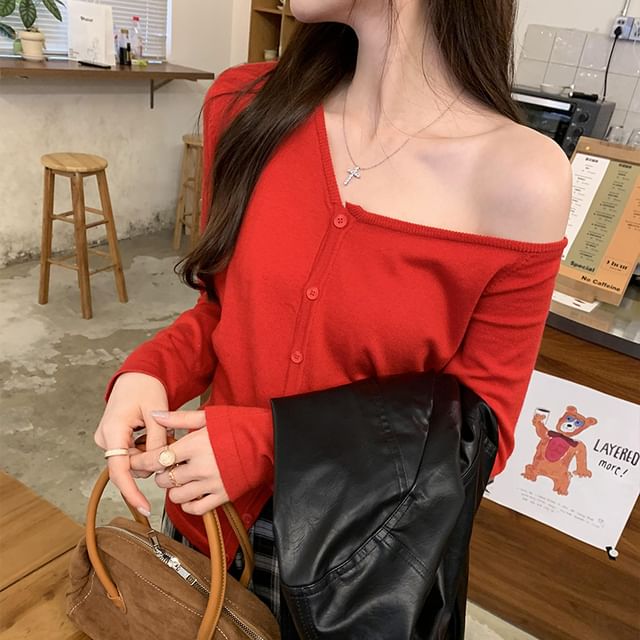 Asymmetric Off-Shoulder Button Up Cardigan