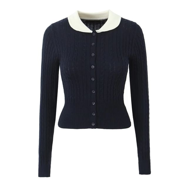 Slim-Fit Cable Knit Long Sleeve Collared Cardigan