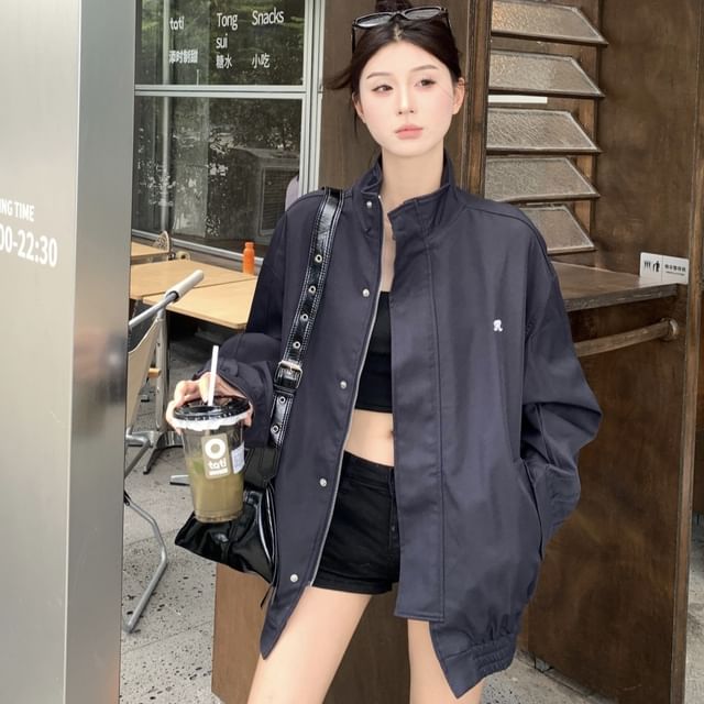 Embroidered Jacket Stand Zip Collar