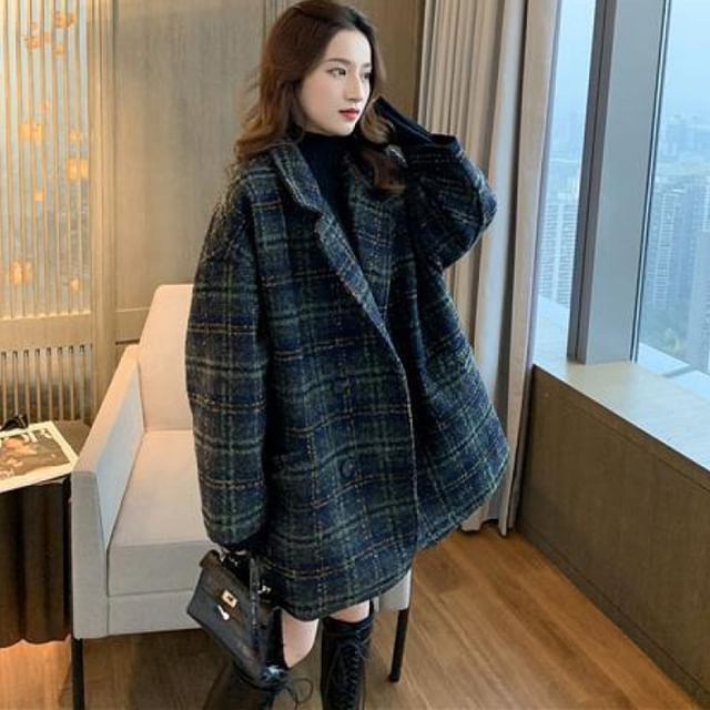 Lapel Collar Plaid Oversized Double-Breasted Coat