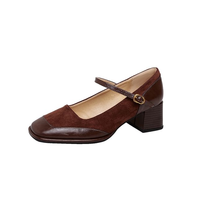 Toe Pumps Jane Square Chunky Mary Leather Panel Plain Faux Heel