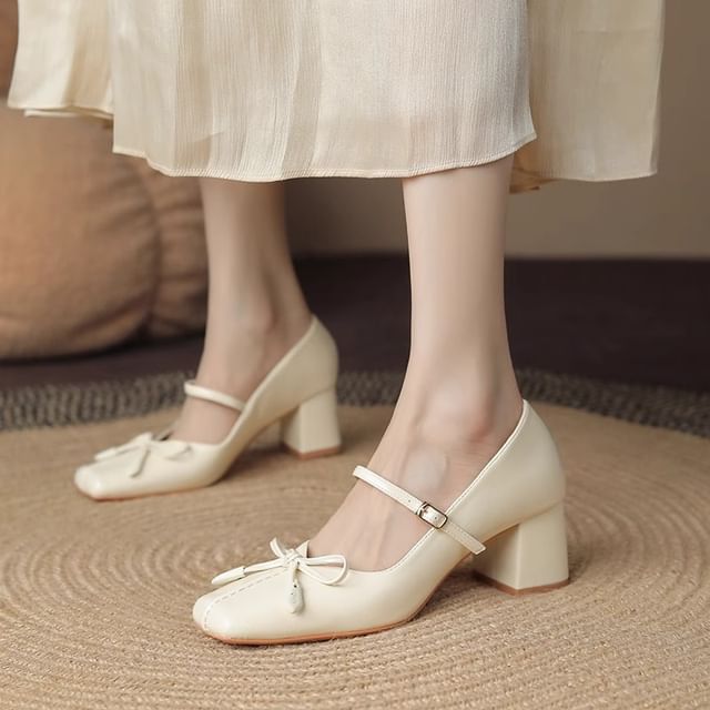 Block Toe Heel Jane Bow Mary Pumps Square