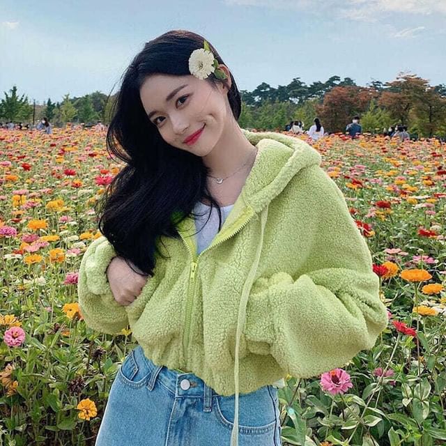 Hooded Fleece Zip-Up Cropped Hoodie