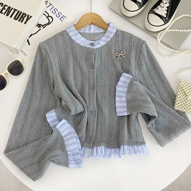 Long Sleeve Mock Two-Piece Plaid Trim Cardigan