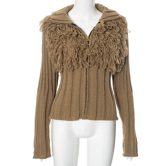 Mock Neck Fringe Panel Zip Front Cardigan