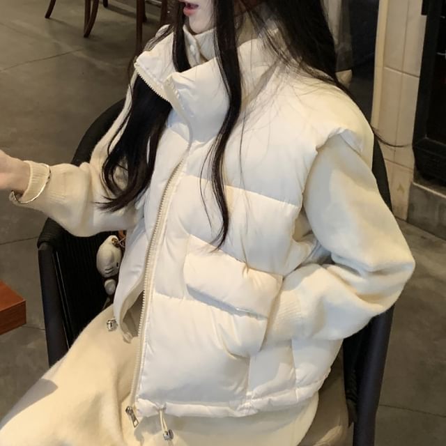 Stand Collar Cardigan & High-Rise Knit Skirt & Puffer Vest Set
