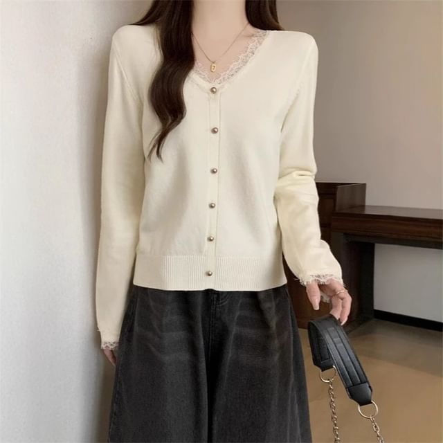 Lace Trim V-Neck Cardigan