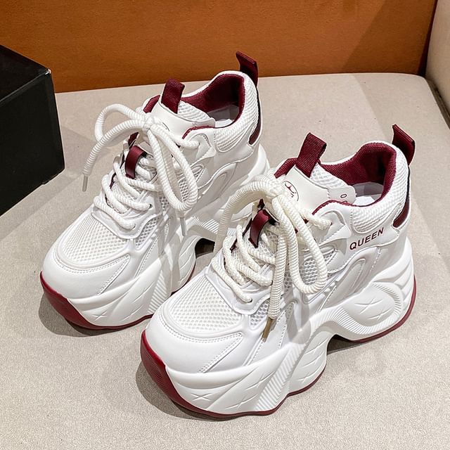 Panel Faux Wedge Sneakers Leather Hidden Lace-Up Mesh