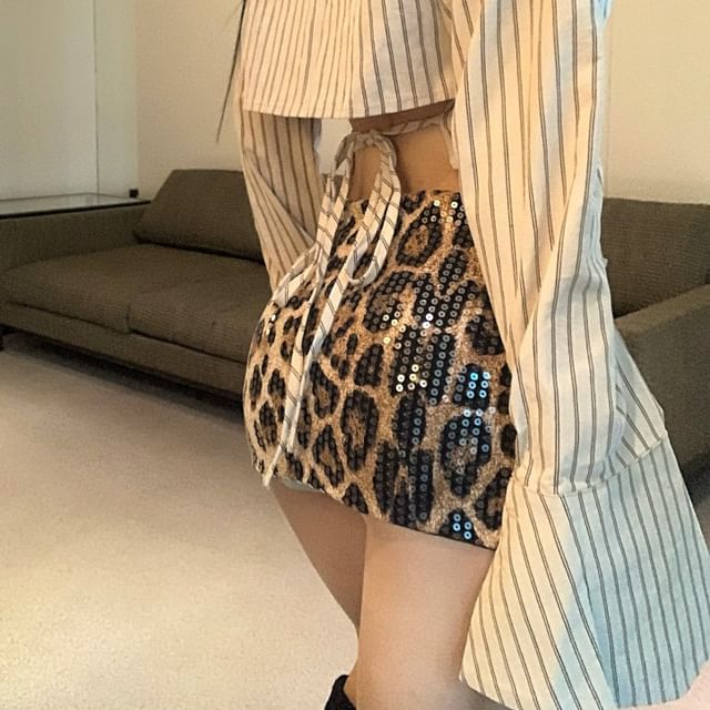 Print Long-Sleeve Mini Waist High Shirt Up Skirt Collared Striped Button Leopard Pencil /