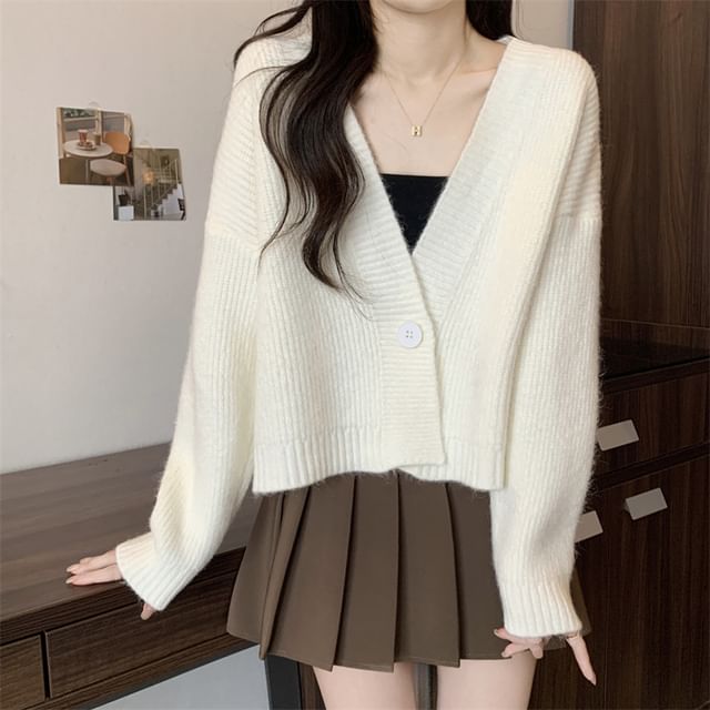 Ribbed Single-Button V-Neck Cardigan