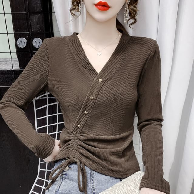 Long-Sleeve Asymmetrical Crop V-Neck Plain Top