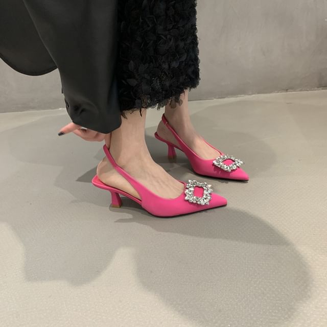 Rhinestone Low Heel Slingback Sandals Buckle