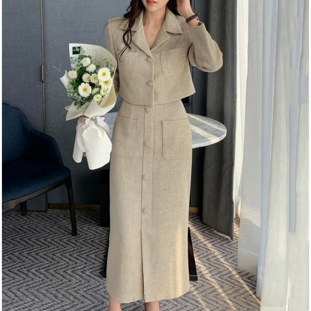 Plain Tweed Crop Single-Breasted Blazer / High Rise Button Front Midi Straight Skirt