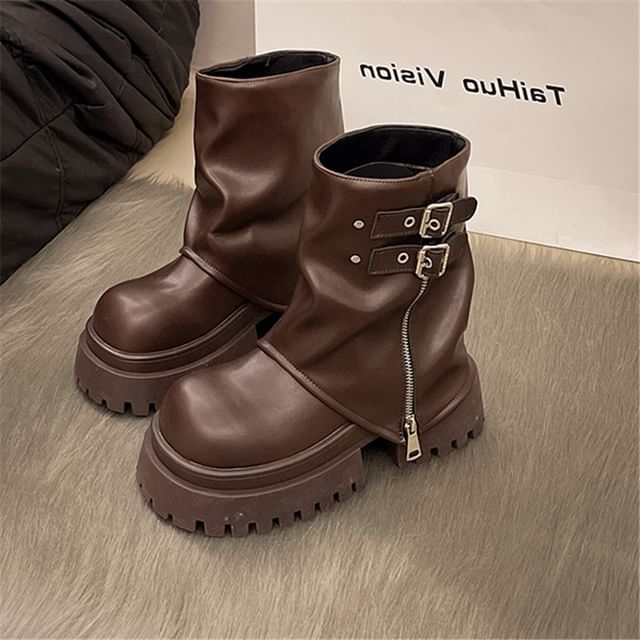 Short Panel Buckled Platform Zip Boots