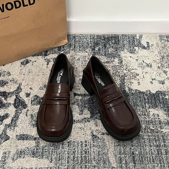Leather Heel Block Faux Loafers
