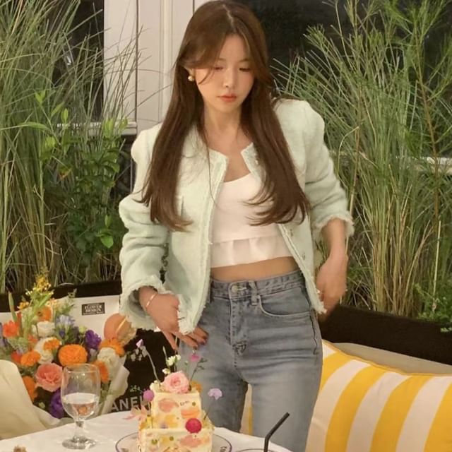 Round Neck Plain Fringed Tweed Button Jacket