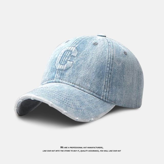 Denim Lettering Cap Washed Distressed Baseball Embroidered