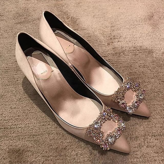 Pointed Heel Pumps Kitten Rhinestone